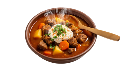 A steaming bowl of goulash on transparent background