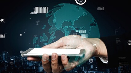 A professional hand holds a smartphone featuring a digital world map, showcasing data visualization elements set against a dark urban skyline, representing modern connectivity. Xenic