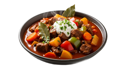 A hearty bowl of goulash on transparent background