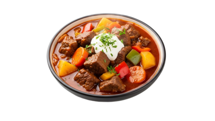 A hearty bowl of goulash on transparent background