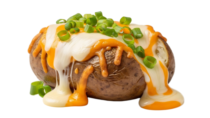 A delicious baked potato topped with cheese and green onions on transparent background