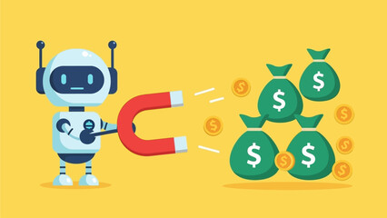 A smart robot pulling money bags and dollar coins with a magnet, symbolizing artificial intelligence attracting income, profit automation, and smart digital finance