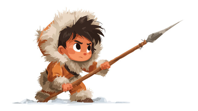 Cute Eskimo Boy with Spear Cartoon Vector Illustration Isolated