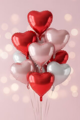Heart-shaped balloon arrangement for celebration. Romantic vertical decoration for Valentine&rsquo;s Day, Mother&rsquo;s Day, wedding, love concept.