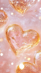 Glowing heart shapes with golden glitter on a soft pink background. Romantic love design element for Valentine day celebration. Abstract luxury concept.