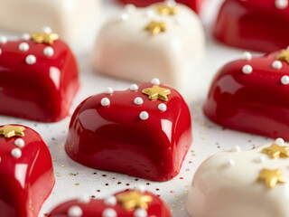 Close up heart-shaped chocolates with red and white glossy icing on a white background. Banner for advertising handmade sweets for Valentine's Day, engagements, and weddings.