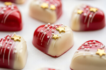 Heart-shaped chocolates with red and white glossy icing on a white background. Banner for advertising handmade sweets for Valentine's Day, engagements, and weddings.