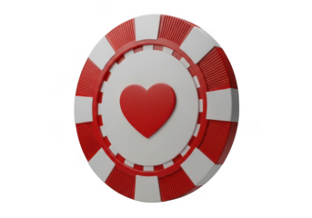 Red heart poker chip isolated on transparent background for casino and game use
