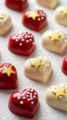 Heart-shaped chocolates with red and white glossy icing on a white background. Vertical for advertising handmade sweets for Valentine's Day, engagements, and weddings.
