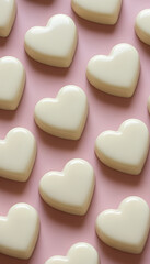 Many heart shape white chocolate candy arranged on a pink background. Vertical template of sweet dessert for confectionery, Valentine's Day, or romantic gift concept.