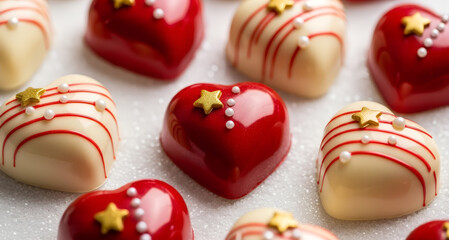 Heart-shaped chocolates with red and white glossy icing on a white background. Banner for advertising handmade sweets for Valentine's Day, engagements, and weddings.