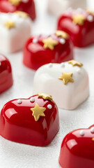 Heart-shaped chocolates with red and white glossy icing on a white background. Vertical for advertising handmade sweets for Valentine's Day, engagements, and weddings.