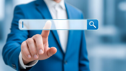 A businessman pushing a digital button on a virtual touchscreen interface represents a successful technology concept for online communication and future data management