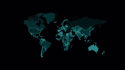 Futuristic digital world map animation glowing on dark background, representing global network, data connections and modern technology concepts. - Powered by Adobe