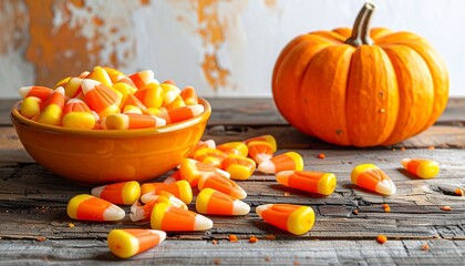 Halloween scene with candy corn overflowing an orange bowl, and a pumpkin
