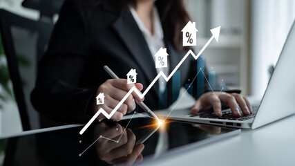 A businesswoman reviews financial data on her laptop, highlighting growth and percentages with graphs in a sleek office environment, showcasing modern analysis. Gantry