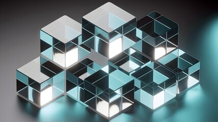 Translucent overlapping cubes with blue glow – Ideal for networking, blockchain technology, or creative design agencies.