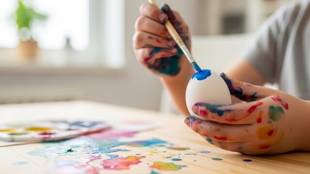 Kid holding a paintbrush and carefully coloring an Easter egg surface.