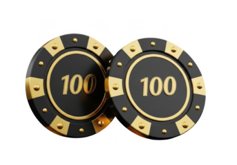 Two black and gold poker chips with the number 100, isolated on transparent background for casino and gaming use cases