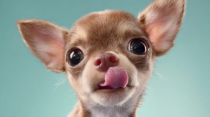 Fototapeta premium chihuahua, puppy, dog, cute animal, tongue out, funny, pet, portrait, close up, small dog, pink background, adorable, playful, ai