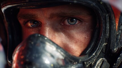 Fototapeta premium Close up portrait of firefighter wearing breathing mask during rescue
