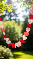 A paper garland with red and white hearts against a green blurred background. Vertical template for Valentine's Day, engagement, and wedding decor. Poster with space for text.