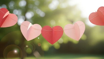 A paper garland with red and white hearts against a green blurred background. Banner template for Valentine's Day, engagement, and wedding decor. Poster with space for text.