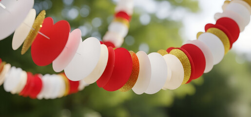 A paper garland with red and white hearts against a green blurred background. Banner template for Valentine's Day, engagement, and wedding decor. Poster with space for text.