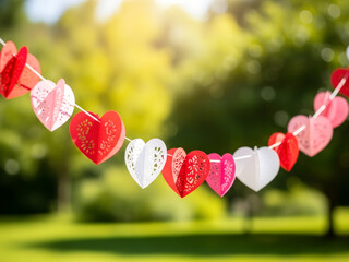 A paper garland with red and white hearts against a green blurred background. Banner template for Valentine's Day, engagement, and wedding decor. Poster with space for text.