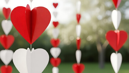 A paper garland with red and white hearts against a green blurred background. Banner template for Valentine's Day, engagement, and wedding decor. Poster with space for text.