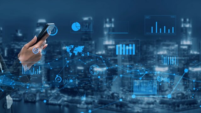 A modern business professional interacts with a smartphone in an urban setting at night, illuminated by digital graphics showcasing analytics and data visualization trends. Xenic - Powered by Adobe