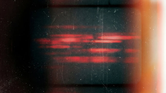 Light leak overlay effect with red film burn streaks and dusty scratches, orange glow edge flare with analogue grain texture, retro cinematic abstract background with grunge noise and blur effect