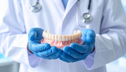 A doctor in a lab coat and gloves holds a set of dentures, chest up, close-up