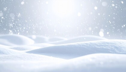 Snowy landscape with softly sculpted snowdrifts and gentle falling flakes against a bright sky