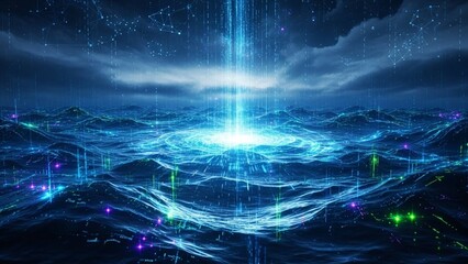 Futuristic digital landscape with glowing blue lines and stars. Vibrant digital artwork of glowing blue lines and stars in a futuristic landscape