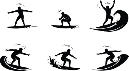 Obraz premium Surfer silhouette action set, surfing poses riding waves extreme sport black and white vector illustration collection isolated