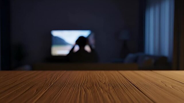 Living Room Night Scene With Gamer Playing Video Game And TV Light Glow
