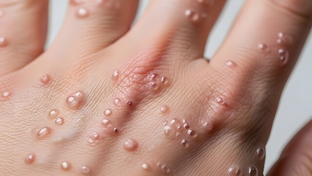 Close-up of human skin showing small fluid-filled blisters or viral rash on the hand