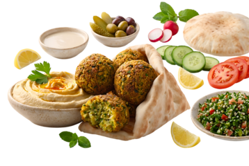 A delightful spread of fresh falafel, hummus, tabbouleh, and vibrant salads with pita bread isolated on transparent background