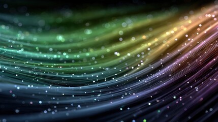 A vibrant, multicolored abstract background with wavy lines and sparkling particles