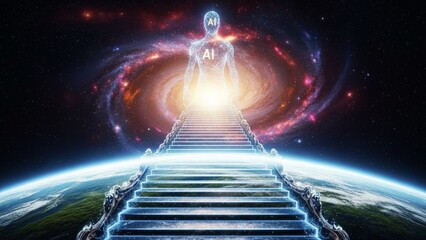 Stairway to Cosmic Enlightenment with Spiritual Being. Spiritual being ascending stairway to enlightenment in space