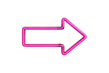 Bright pink glowing neon arrow sign pointing right on a sleek for direction isolated on transparent background