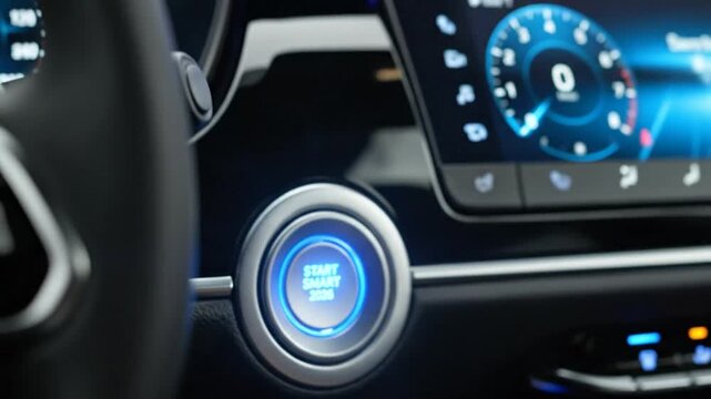 Close up of a finger pressing the start stop button in a modern car interior.