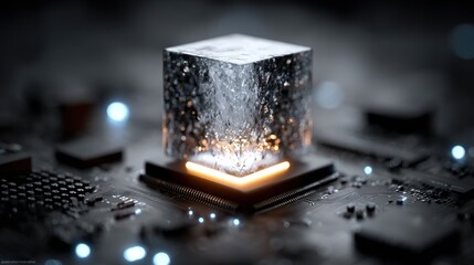 A glowing cube sits on a circuit board with a dark background