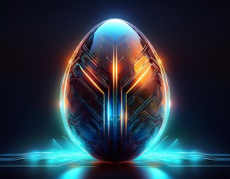 digital egg an ethereal digital rendering of an egg shaped object illuminated with glowing lines and a modern high tech aesthetic it signifies the start of something new - Powered by Adobe