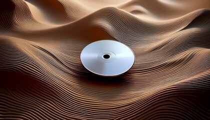 elegant disc on wavy terrain a solitary polished disc stands erect on a textured wave like surface creating a minimalist and visually arresting scene with an interplay of light and shadow