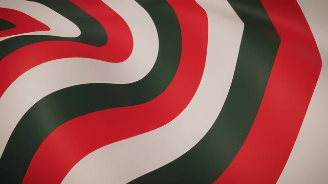 Waving red white and green striped fabric background with smooth 3D texture and seamless looping motion, ideal for Christmas or patriotic themes