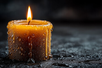 One burning candle with closed view.