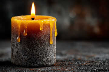 One burning candle with closed view.