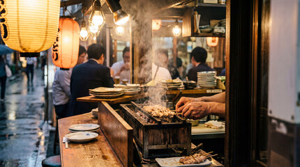 Japanese Yakitori Restaurant Kitchen Night